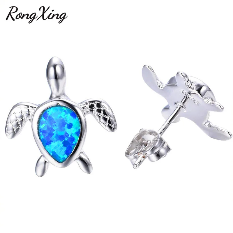 RongXing серебряный цвет Милая черепаха Синий огненный опал серьги-гвоздики