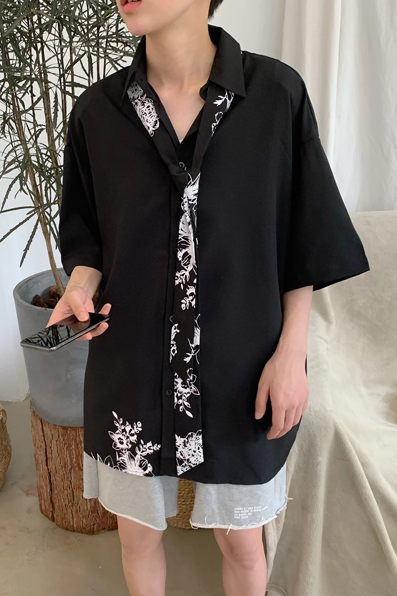 

M-5XL!!Summer personality printing tie decoration men's loose large size short-sleeved Korean version of the handsome lazy shi.