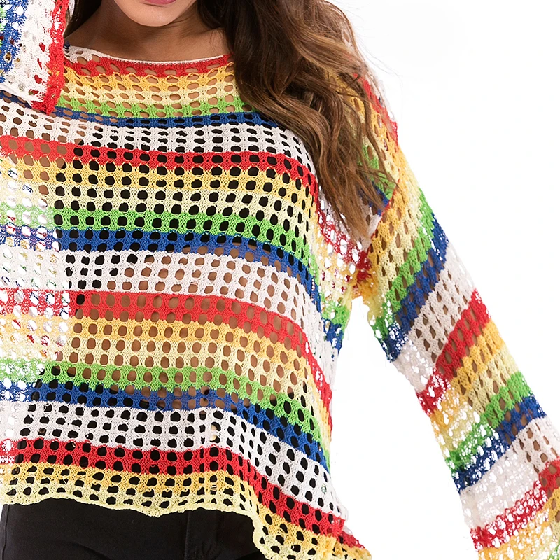 PGSD Loose Flare Sleeve color Crocheted hollow blouse thin knitted sweater O-Neck Pullover Fashion Striped women clothes female | Женская