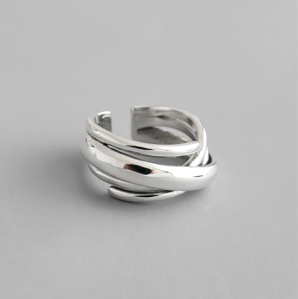 

Korean Japan Style 925 Sterling Silver Retro Multi-layer Wraps Band Irregular Opening Ring Female Vintage Crossover Silver Ring
