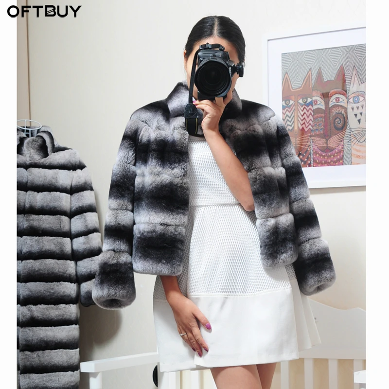 OFTBUY, зимняя женская куртка, натуральный мех, мех кролика Рекс, Толстая теплая уличная одежда, повседневная, в полоску, стоячий воротник, роскошная - Цвет: short style (55cm)