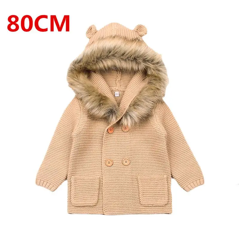 Khaki 80cm Модная вязаная одежда для малышей с милыми медвежьими ушками; Детский свитер с капюшоном с меховым воротником и длинными рукавами; кардиган; свитер - Цвет: Khaki 80cm