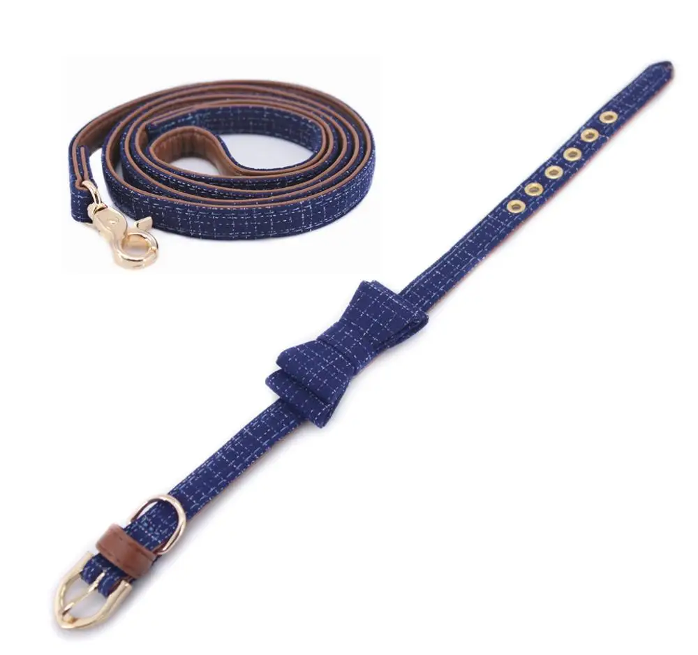 Dark Blue Set Шотландка печать полиэстер ошейник для собак поводок для всех кошек и маленьких средних и больших собак с бантом ошейник для домашних животных поводок - Цвет: Dark Blue Set