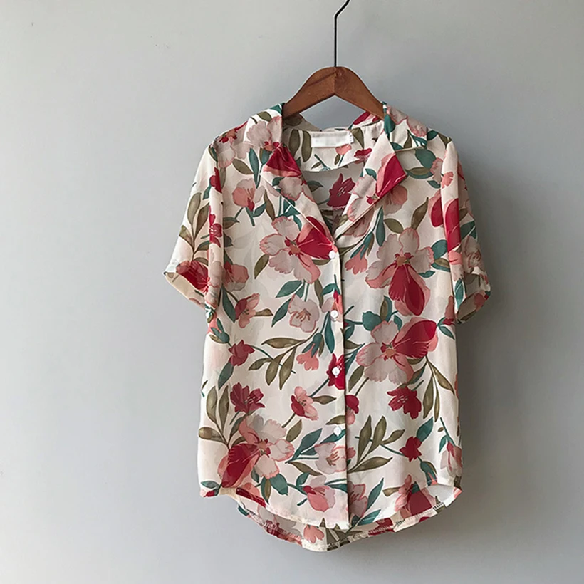 Women Blouses 2019 Floral Print short Sleeve Turn Down Collar Blouse Ladies Shirts summer chiffon Blusas Chemisier Femme |