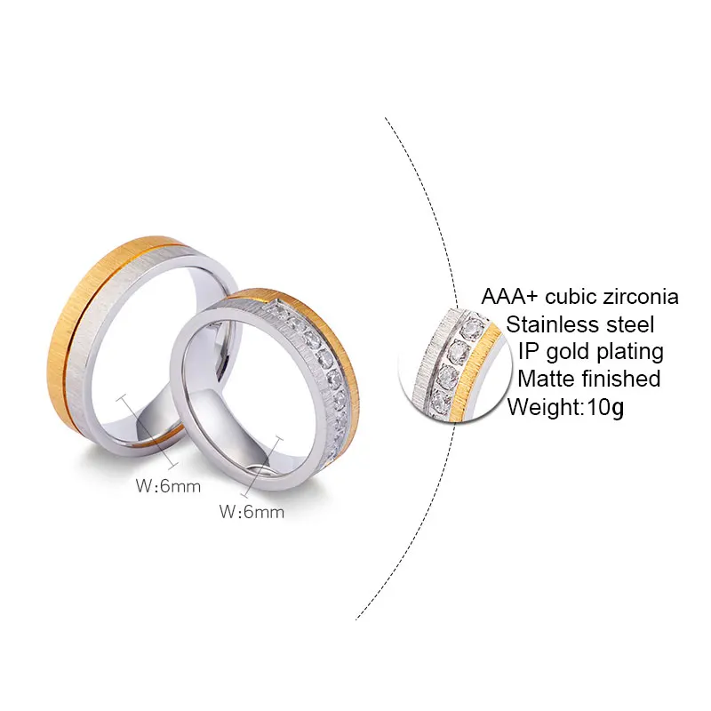 Simple Stainless Steel Alliance Ring Gold&ampSilver Color Couple Cubic Zirconia Wedding Female Male Anniversary Jewelry | Украшения и