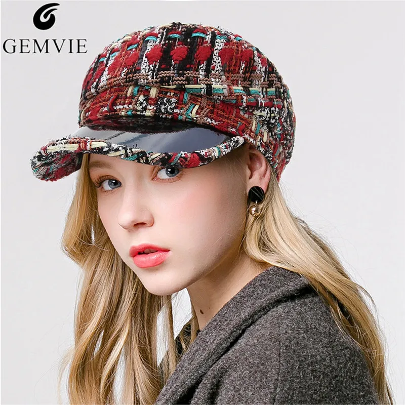 GEMVIE для женщин модные береты осень зима теплый вязаный Newsboy шляпа обувь для девочек красочные головной убор в клетку кепки повседневное Военная униформа