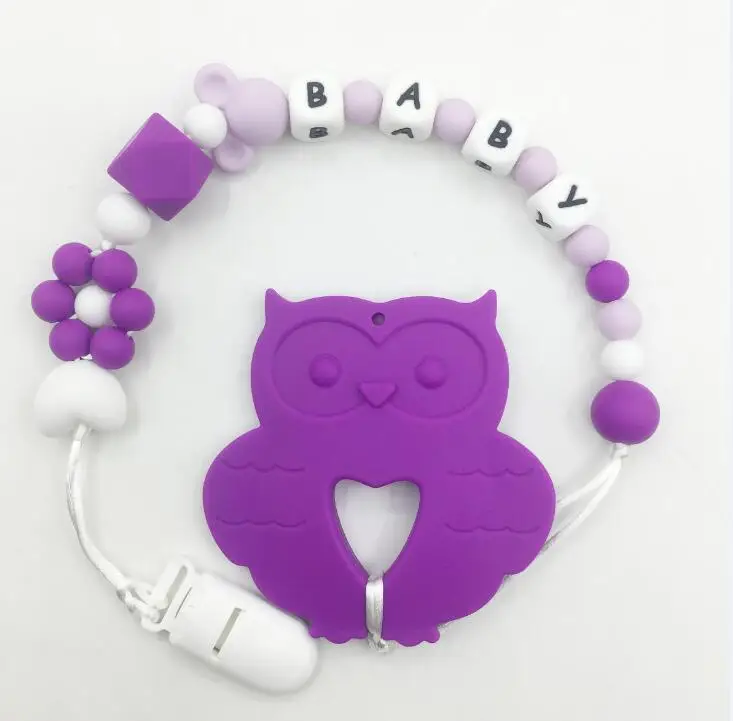 purple Персонализированное имя Прорезыватель Соска зажим Сова Прорезыватель зубов игрушка переноска для ребенка пищевая бижутерия детская Сова силиконовый зажим для ожерелья - Окраска металла: purple