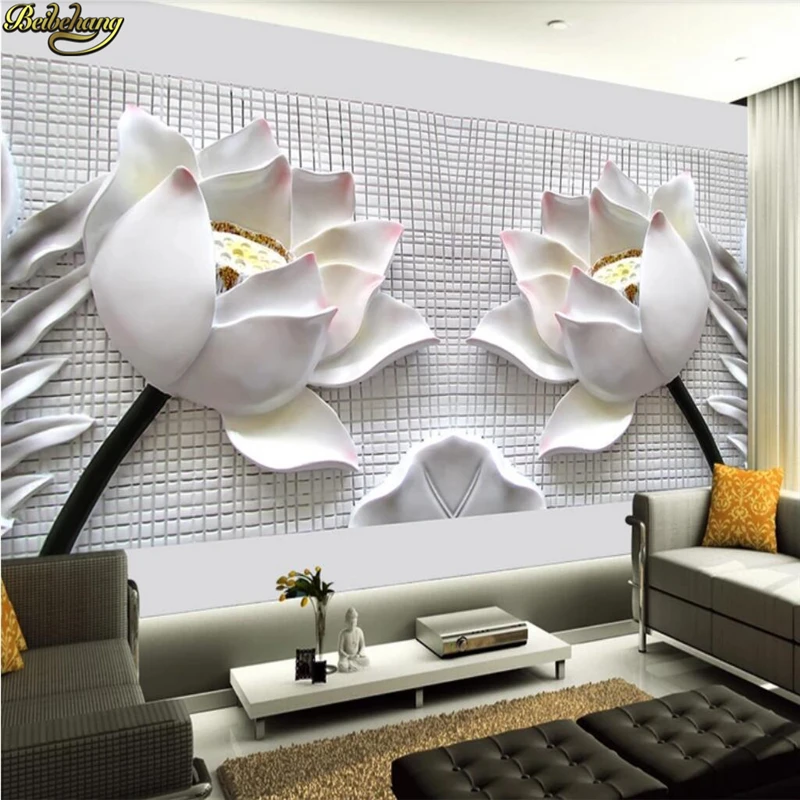 

beibehang Seamless lotus sandstone relief Tv background wall paper non-woven 3d wallpaper Customize murals papel de parede photo