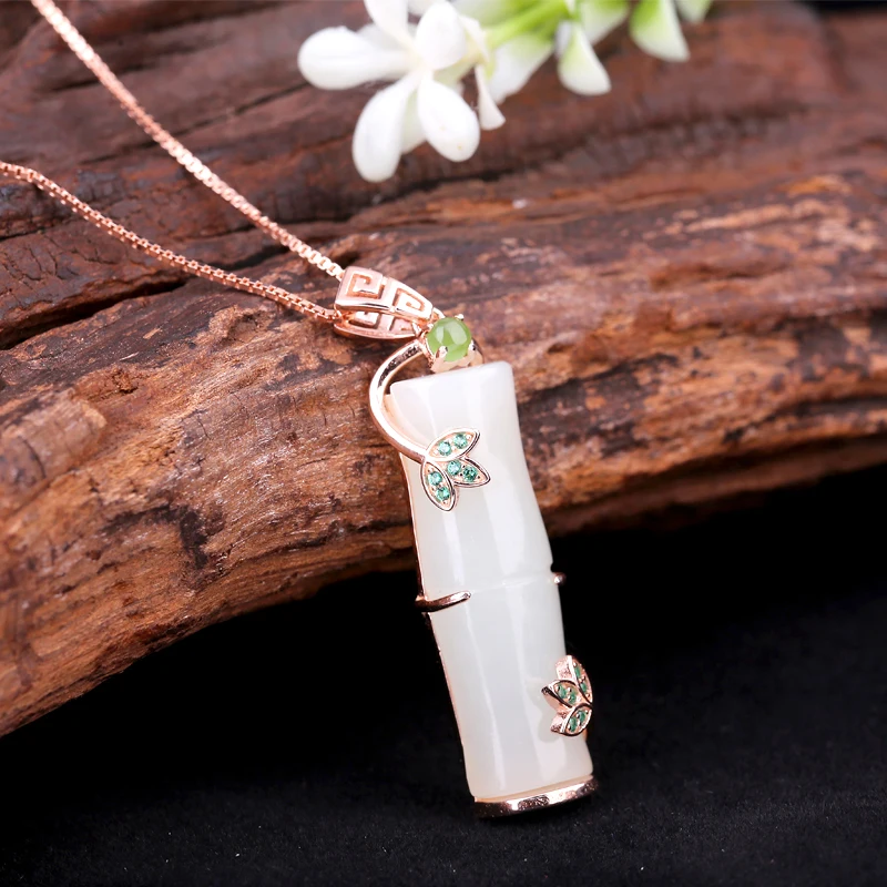 

Getting better and better nephrite pendant female rich bamboo necklace 925 silver rose gold inlaid with nephrite pendant