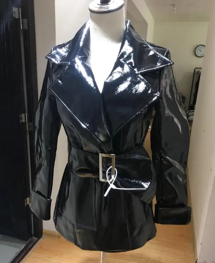 glossy black fabric Модный бренд, блестящие лакированные кожаные куртки, куртка из искусственной кожи, женская уличная стильная тонкая Длинная кожаная куртка wq1161, Прямая поставка - Цвет: glossy black fabric