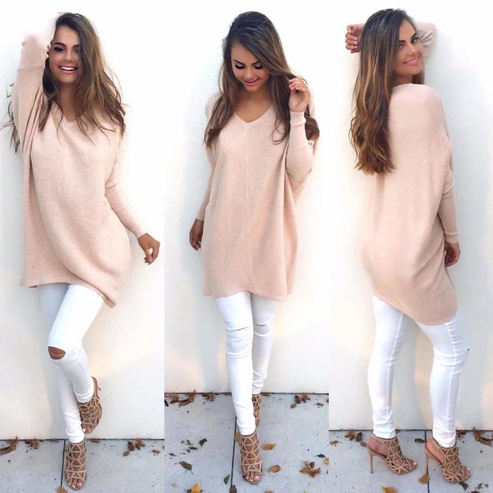 Autumn Batwing Long Sleeve V-neck Basic Sweater Women Casual Plus Size Loose Pullovers Pull Femme | Женская одежда