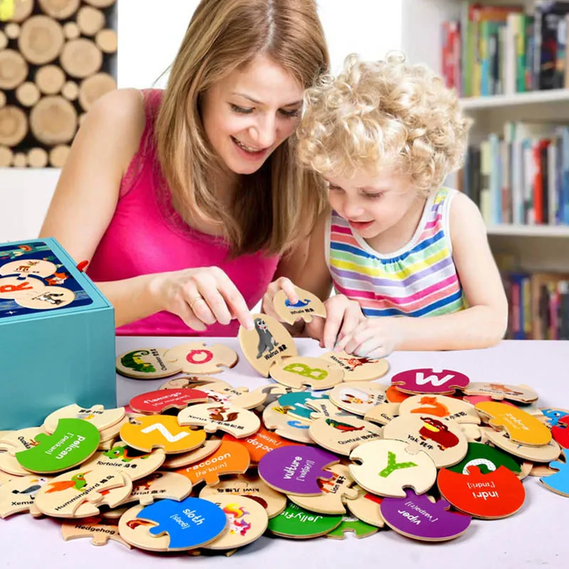 

Children Animal Alphabet Puzzle Wooden Educational Puzzles Toys Baby Learning Letter Puzzles M09