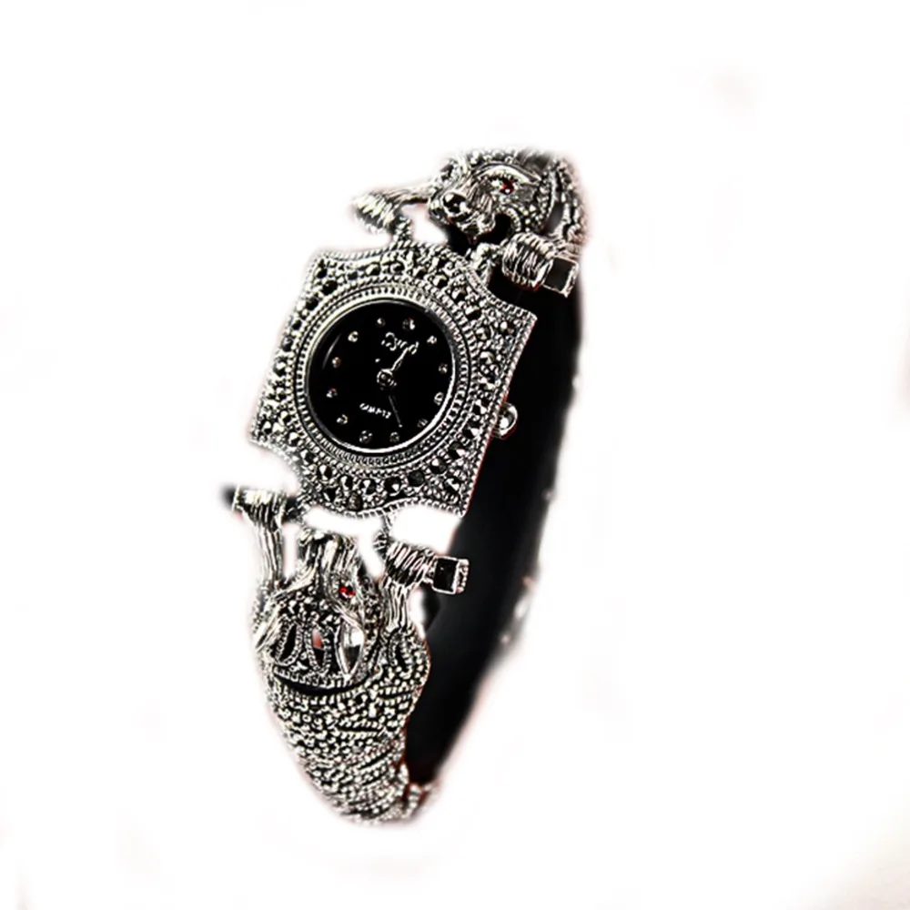 

Jade Angel Women's Watch Thailand Vintage Style Leopard Marcasite Ladies Wristwatch Sterling Silver Jewelry for Festival Party
