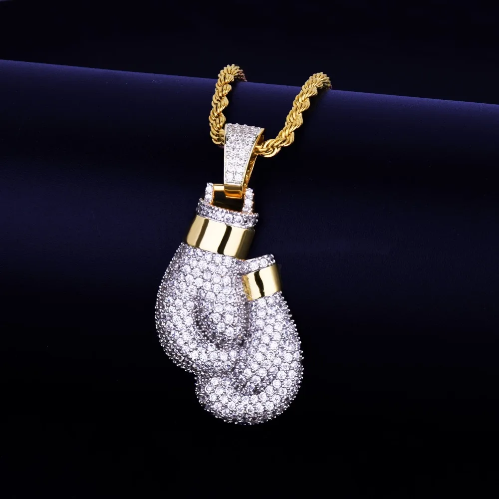 Bling Boxing Gloves Pendant Necklace& Pendant Charm Free Rope Chain Gold Color Iced Out Cubic Zircon Men's Hip hop Jewelry