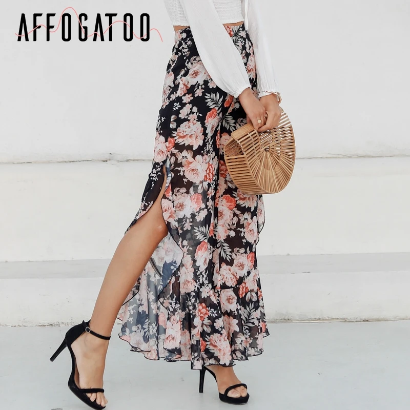 Affogatoo повседневное boho печати рюшами Лето пляжные брюки 2019 пикантные разделение