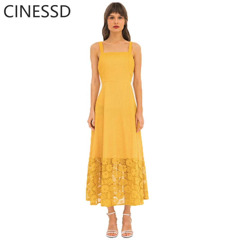 

CINESSD Lace Long Dress Women Sexy Strap High Waist A Line Swing Loose Floral Lace Patchwork Hollow Soft Casual Party Maxi Dress