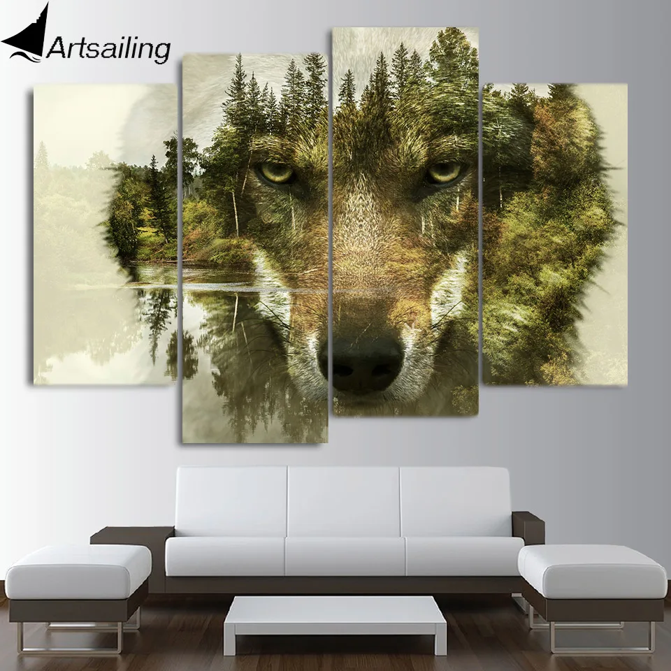 Wall Art из 4 частей со стильным абстрактным изображением животных волка живопись