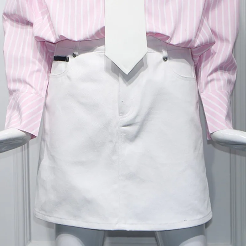 

White Tie Long Sleeve Single Breasted Lapel Pockets Striped Shirts A-Line Short Denim Skirts Women Casual 2 piece outfits
