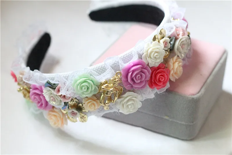 2017 модные тиары Подиумные кружевные керамические цветы корона барокко ободки