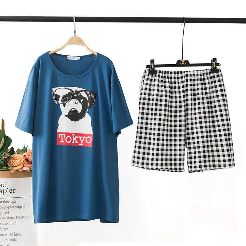 2020 New 100% Cotton Nightwear Summer Home Pajamas Plus Size 2pc Set Dog Print For Women Short Sleeve | Женская одежда
