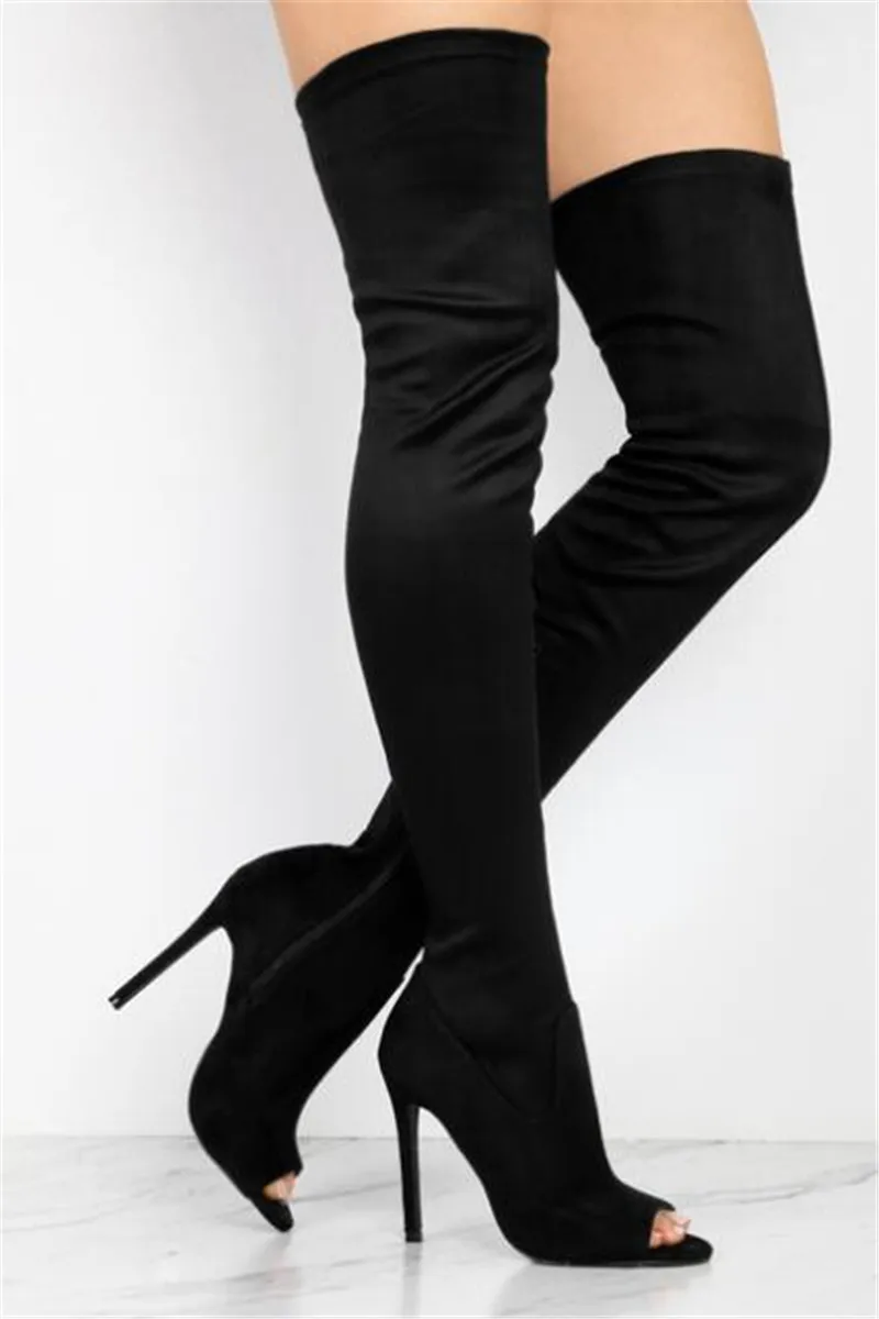 Женские Модные Замшевые Сапоги выше колена с открытым носком красного и черного