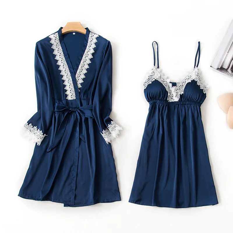 navy blue FZSLCYIYI сексуальный Шелковый Атласный ночной халат и халат набор женщин лед 2 шт ночной набор женщин тонкие Сатиновые бретелькки ночная рубашка - Цвет: navy blue