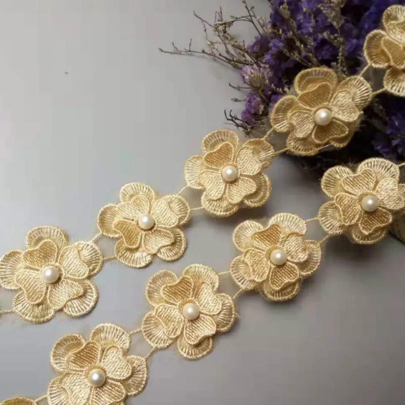 10 шт. золотые жемчужные цветы DIY растворимые Свадебные Кружева отделка Вязание вышитые ручной работы Лоскутная лента Швейное Ремесло 4,5 см
