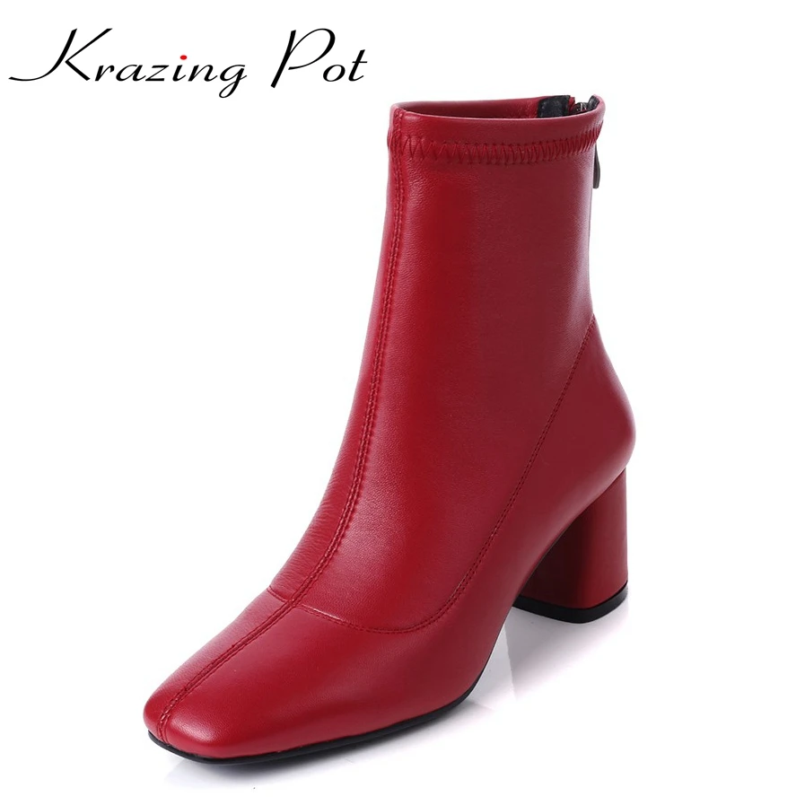 Krazing Pot/; натуральная кожа; Винтажный стиль; квадратный носок; высокий толстый каблук; однотонные Женские ботинки в стиле панк; красивые растягивающиеся ботильоны суперзвезды; L13
