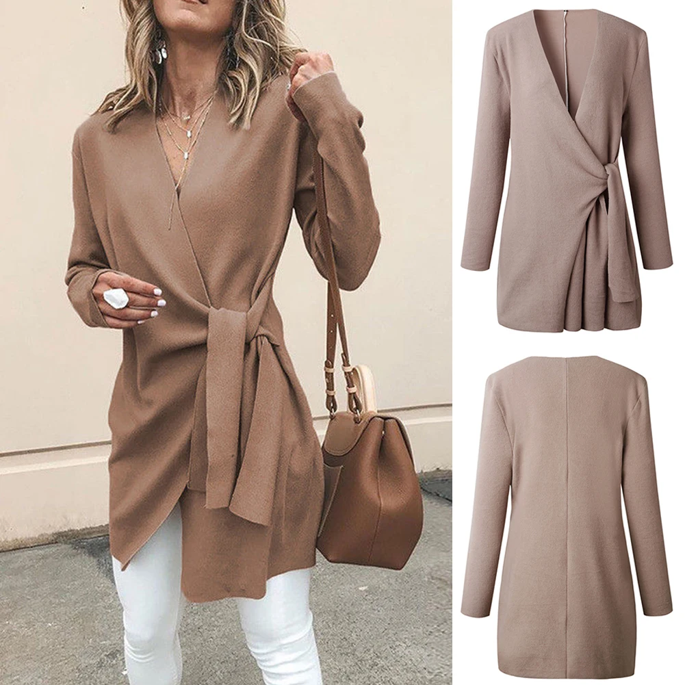 V шеи талии галстук на шнуровке куртки кардиган офис шерстяной с длинным рукавом |