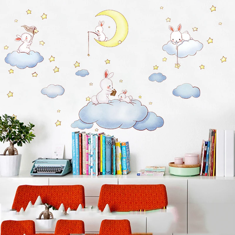 Cute clouds rabbit wall stickers for kids rooms removable DIY children bedroom decals home decor cartoon wallpaper | Дом и сад