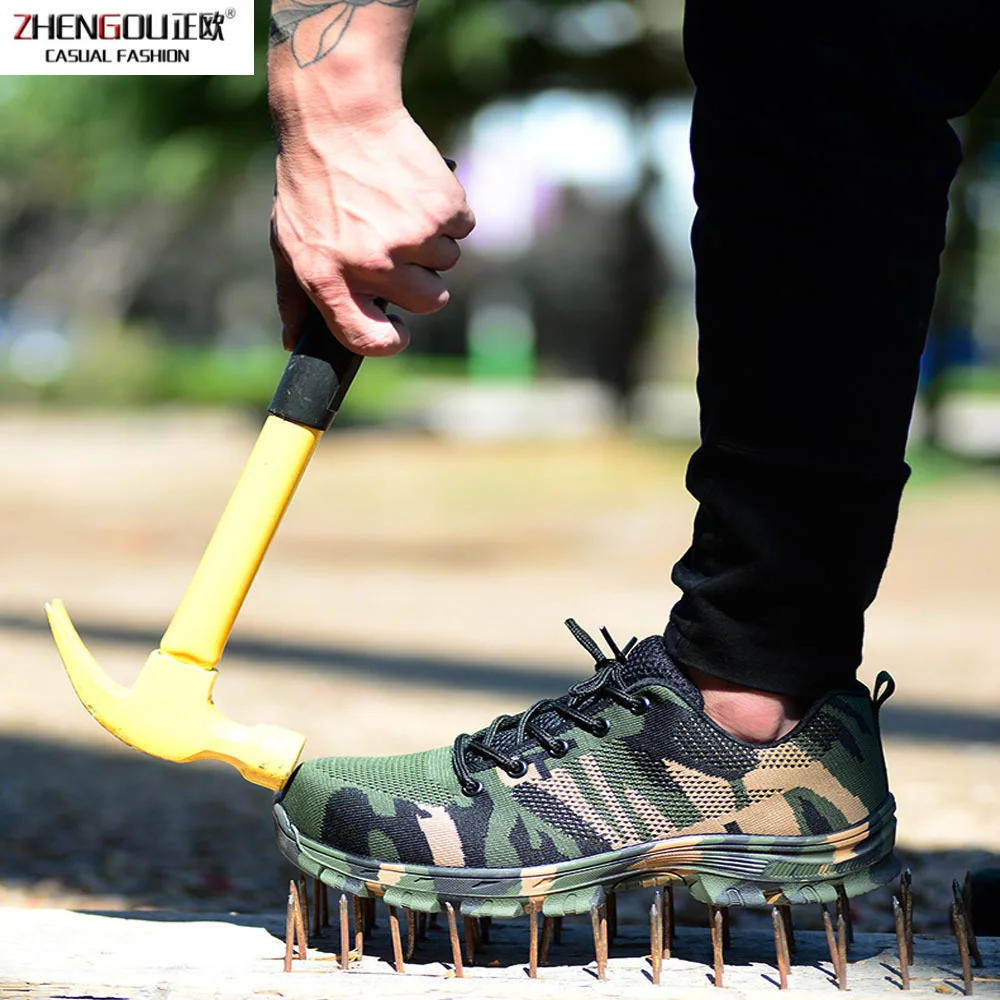 zhengou Men's Outdoor Construction Plus Size Steel Toe Cap Work Boots Men Camouflage Puncture Proof Safety Shoes Breathable | Обувь