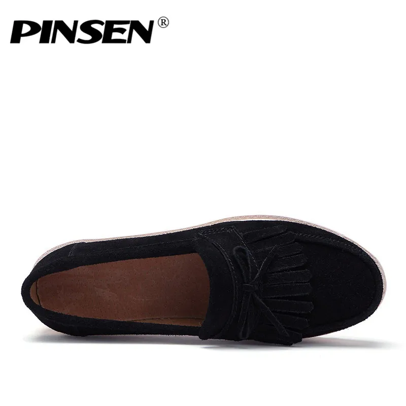PINSEN/Осенняя женская обувь на плоской платформе Кожаные Замшевые лоферы без