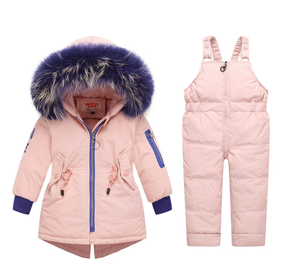 Winter Children's Clothing Sets Suit Kids Warm Baby Boy Ski Suits Snowsuits Girl Down Jackets Outerwear Coat+suspender Jumpsuit - Цвет: Розовый