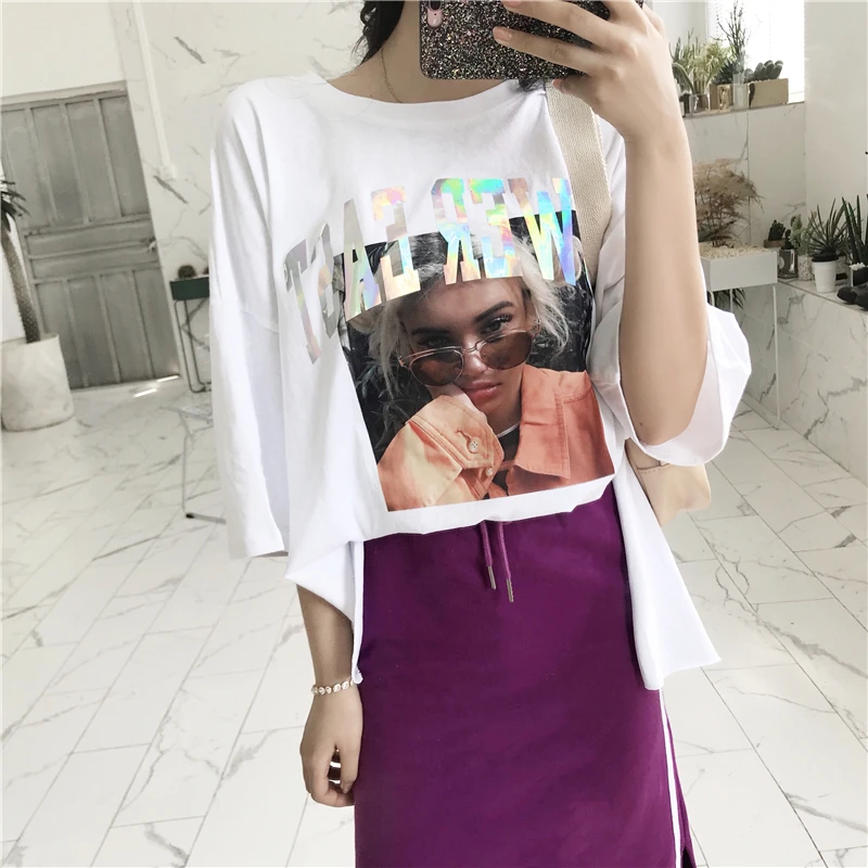 Oversized T Shirt For Women Tops Short Sleeve Loose Cotton T-shirt Female Harajuku Printed Long T-shirts Side Open-cut shirts | Женская