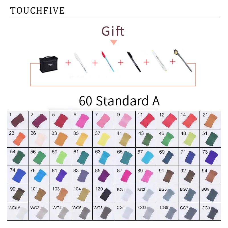 TouchFIVE 30/40/60/80 Цвет маркеры манга рисунок Маркеры Ручка на спиртовой основе эскиз жирной двойной кисть товары для рукоделия - Цвет: 60 STANDARD