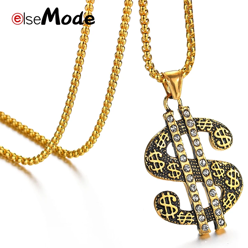 ELSEMODE хип хоп золотой доллар знак $ Подвески Ожерелья Из Нержавеющей Стали CZ