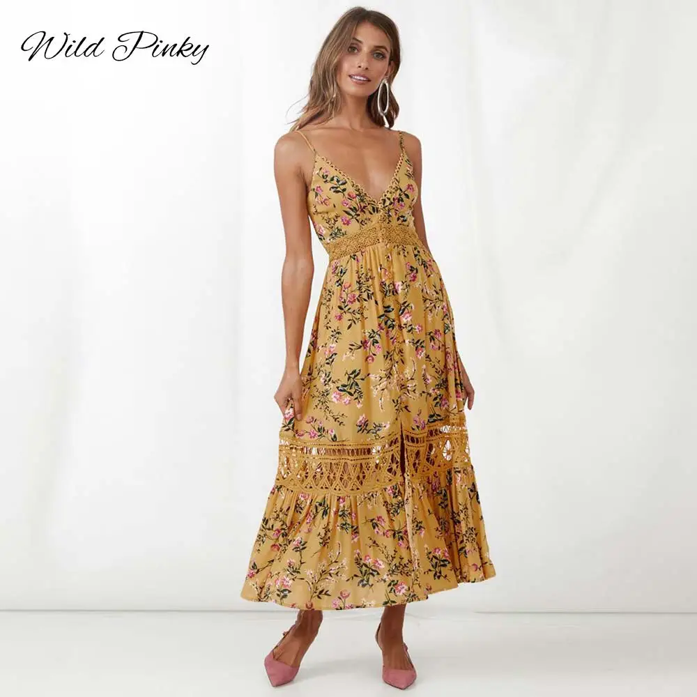 WildPinky Boho Летнее платье в богемном стиле Цветочный принт спагетти ремень Длинные