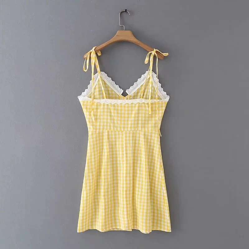 Женское винтажное платье в клетку boho желтое элегантное кружевное на пуговицах