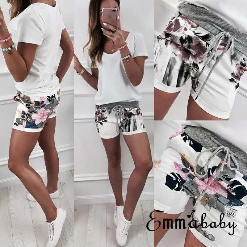 Шорты женские с цветочным принтом повседневные тонкие короткие штаны средней