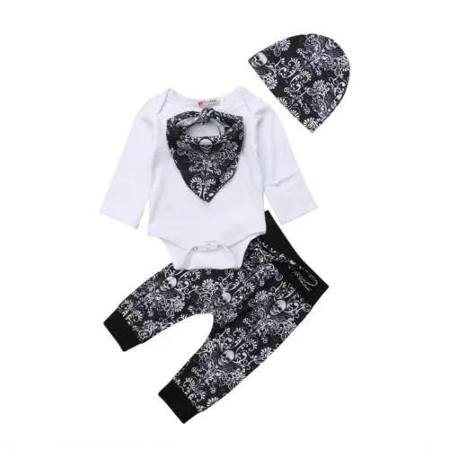 Newborn Baby Boys Girls Clothing Tops Romper Skull Flower Long Sleeve Pants Hat Bibs Scarf 4pcs Set Clothes Boy 0-24M |