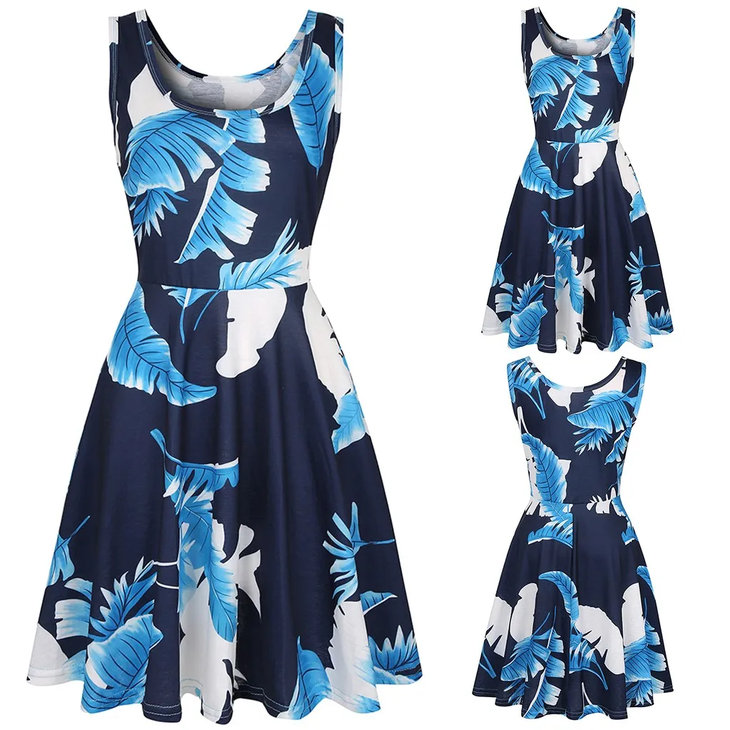2019 New Fashion Casual Ladies Print Sleeveless Banana Leaf Dress Comfortable Summer Dresses Women Dresses|Женские платья| |