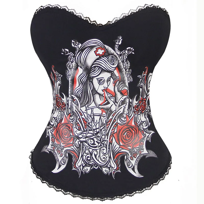 Корсеты и бюстье в стиле стимпанк с винтажным принтом красный цветочным корсет