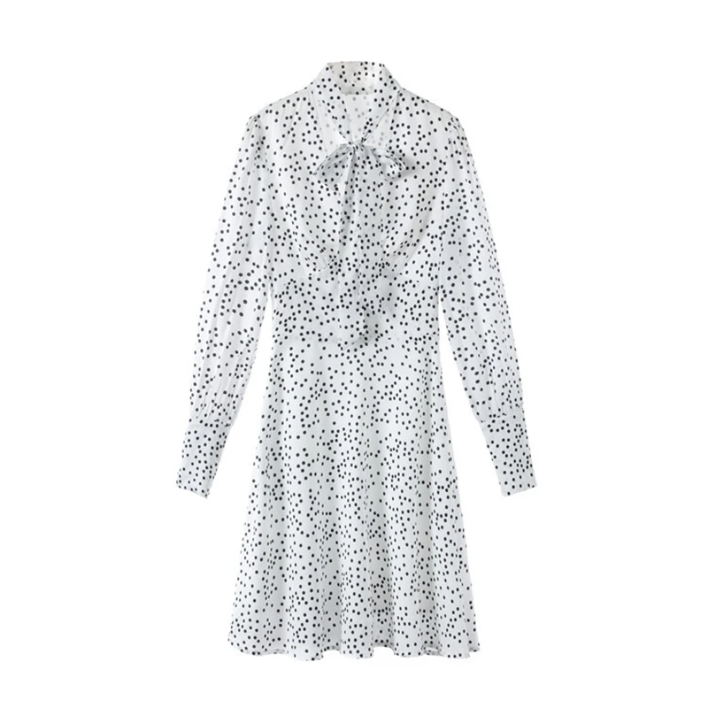 Женское винтажное мини-платье в горошек с v-образным вырезом и длинным рукавом