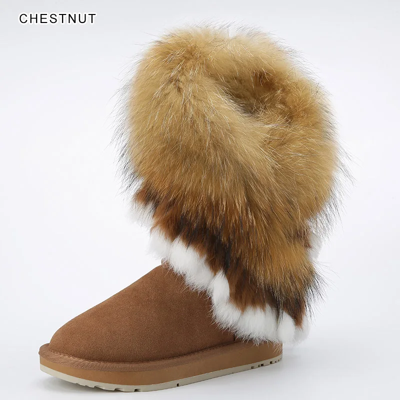 chestnut INOE Обувь женская натуральный лисий мех замша натуральная кожа модные зимние замшевые сапоги Женская тёплая обувь элегантные сапоги из овчины зимние сапоги плоская подошва чёрный коричневый противоскользящая подошва - Цвет: chestnut