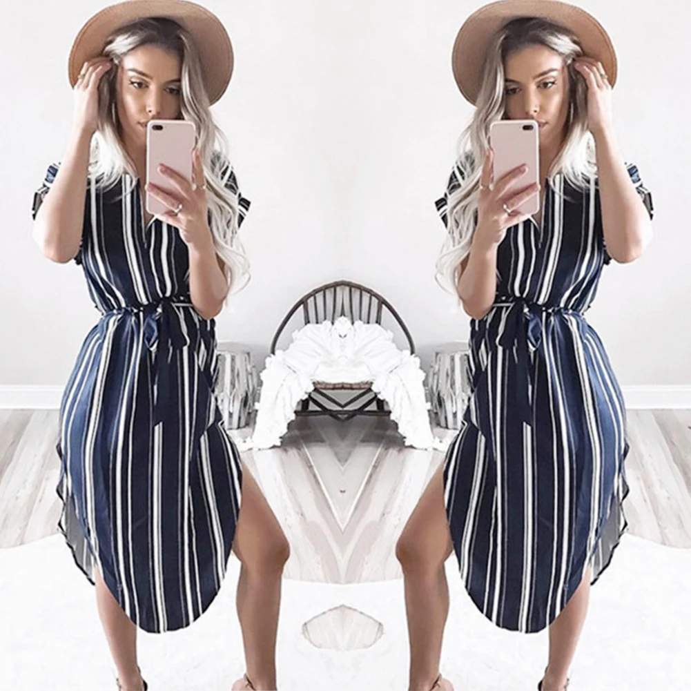 Нерегулярные Bodycon полосатый с поясом V шеи макси случайные короткий рукав