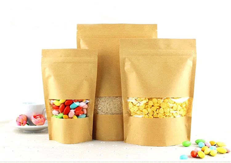 

14*20+4cm 50pcs Stand Up Clear Window Brown kraft paper bags with Zipper lock for Food/Tea/Nut/Coffee Resealable Packaging Bag