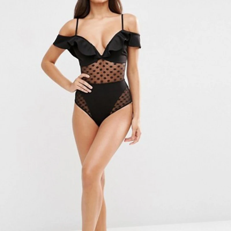 Цельный купальник женский купальный костюм с кружевными оборками черно белые