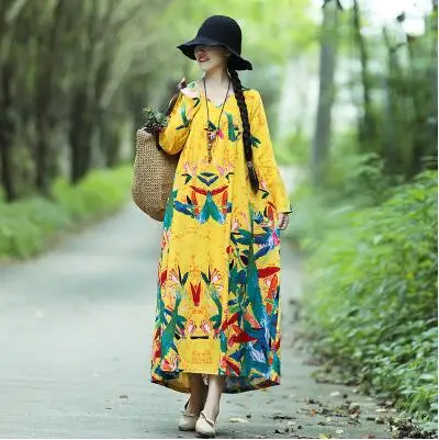 003 Plus Size Women Vintage Dress Summer Autumn Sundress Cotton Linen Vestidos Lady Long Dresses Print Floral Loose Casual Dress - Цвет: 003