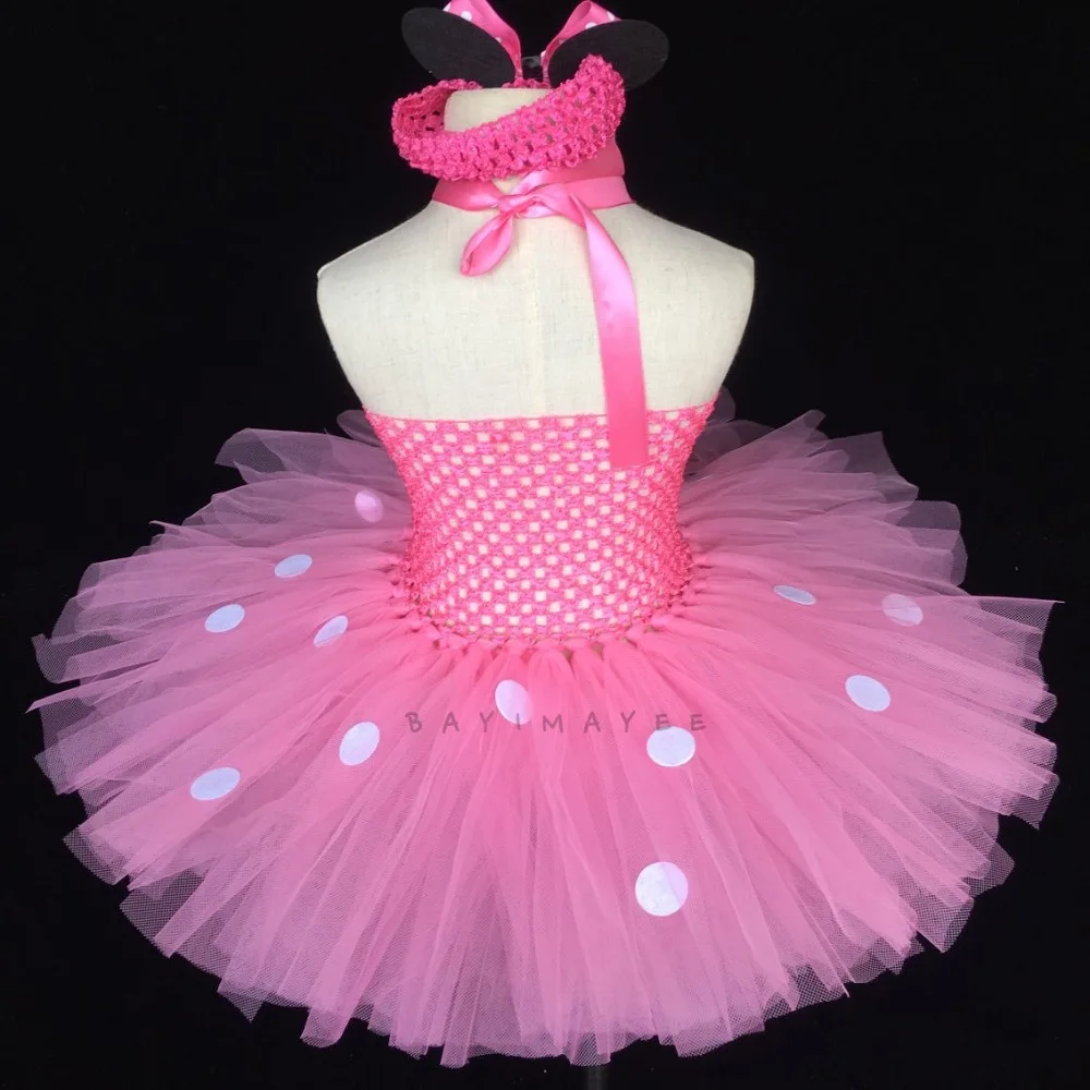 Cute Girls Pink Cartoon Tutu Dress Baby 2Layers Crochet Tulle with White Dots and Flower Headband Kids Party Cosplay | Детская одежда и