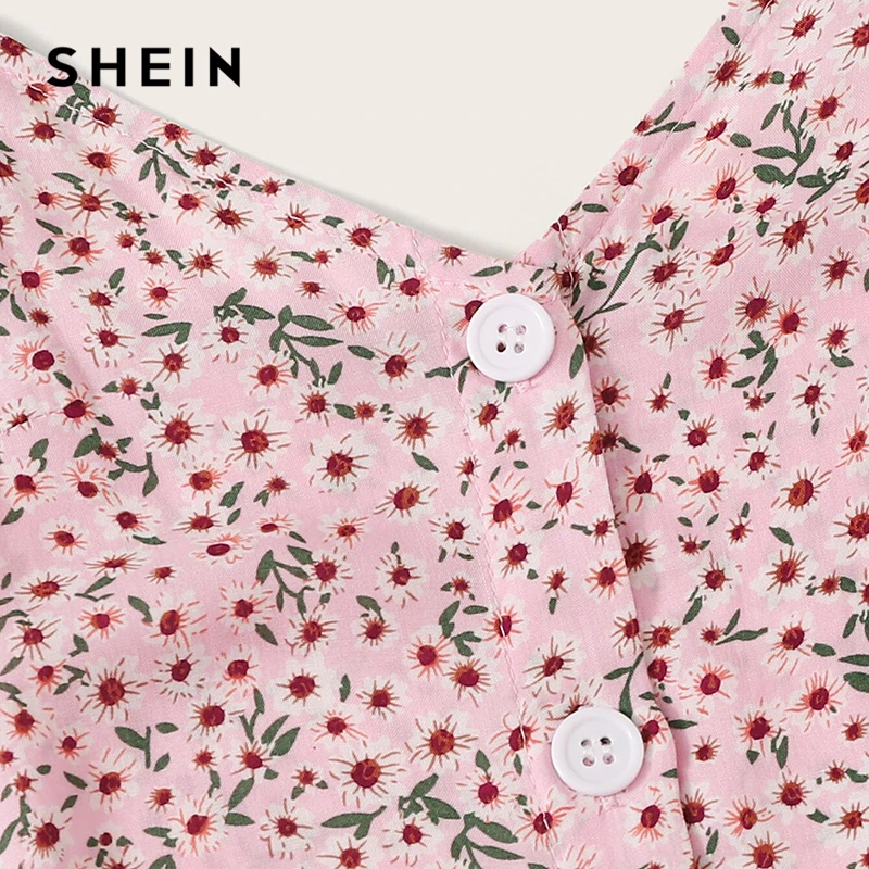 SHEIN Цветочное Платье На Бретелях С Пуговицами, Сарафан С Цветочным Принтом, Летнее Повседневное Прямое Платье